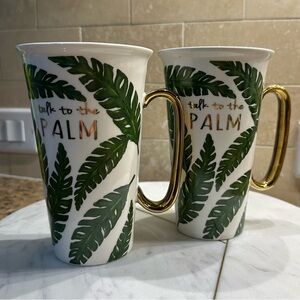“Talk to the Palm” Tall Mugs with Gold Lids